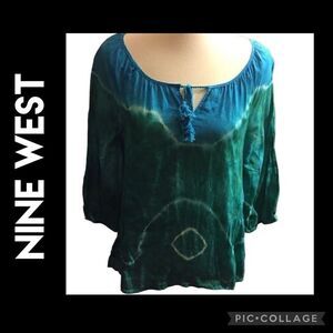 Nine West American Vintage Blue/Green Tie-Dye 100% Cotton Blouse Size Small